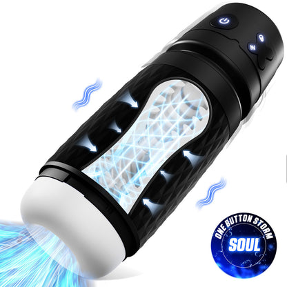 CyberSkin The Warrior. The black stroker shown with its retail packaging on white, another angle.