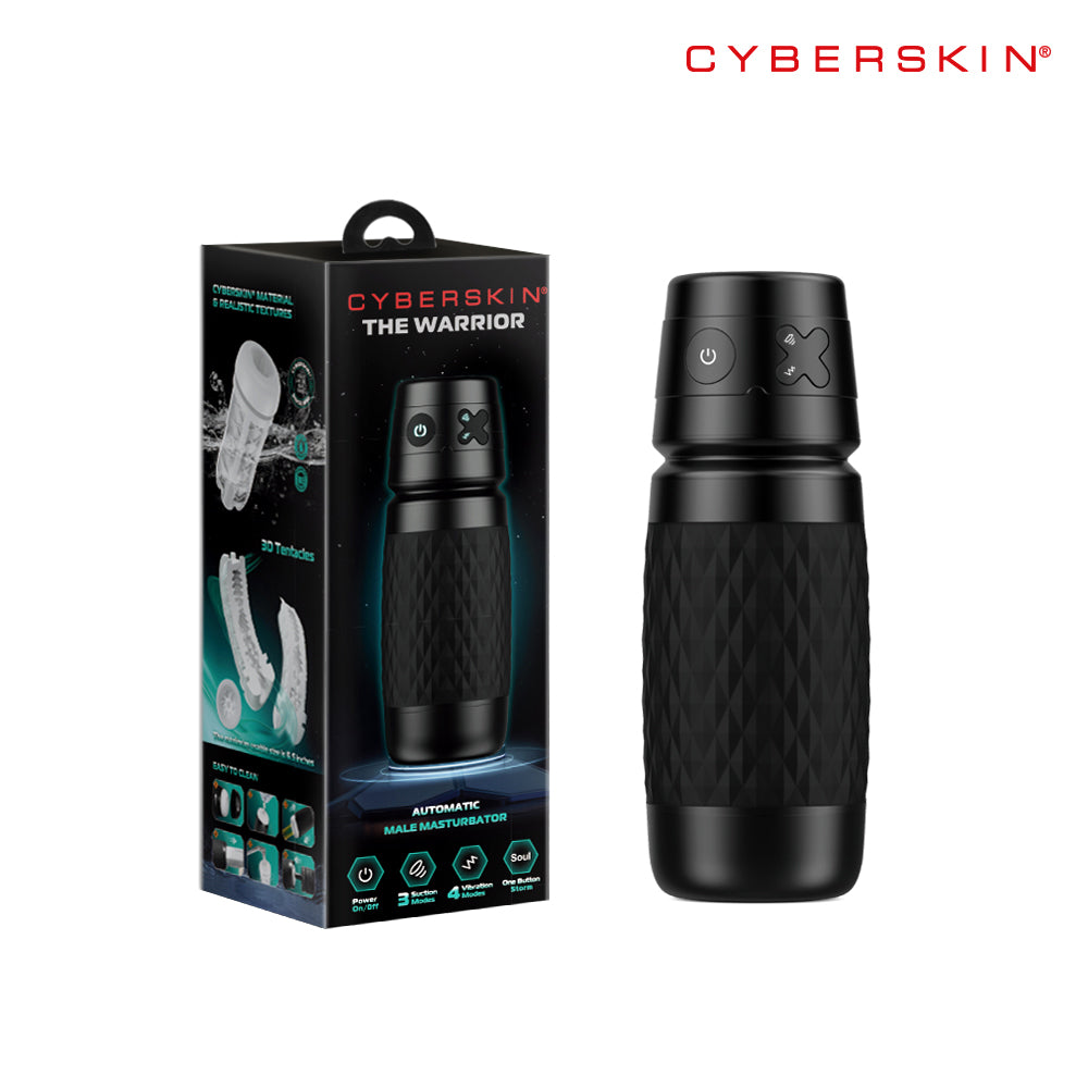 CyberSkin The Warrior. The black stroker shown with its retail packaging on white, a further angle.