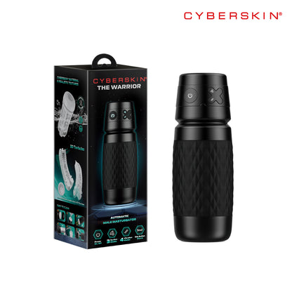 CyberSkin The Warrior. The black stroker shown with its retail packaging on white, a further angle.