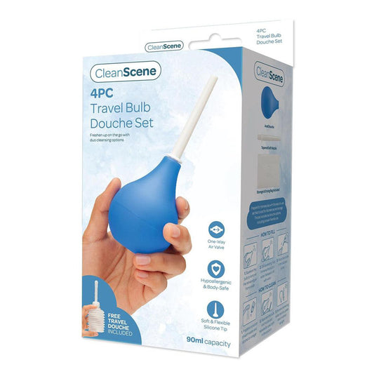 CleanScene 4PC Travel Bulb Douche Set packaging with a hand holding the blue douche.