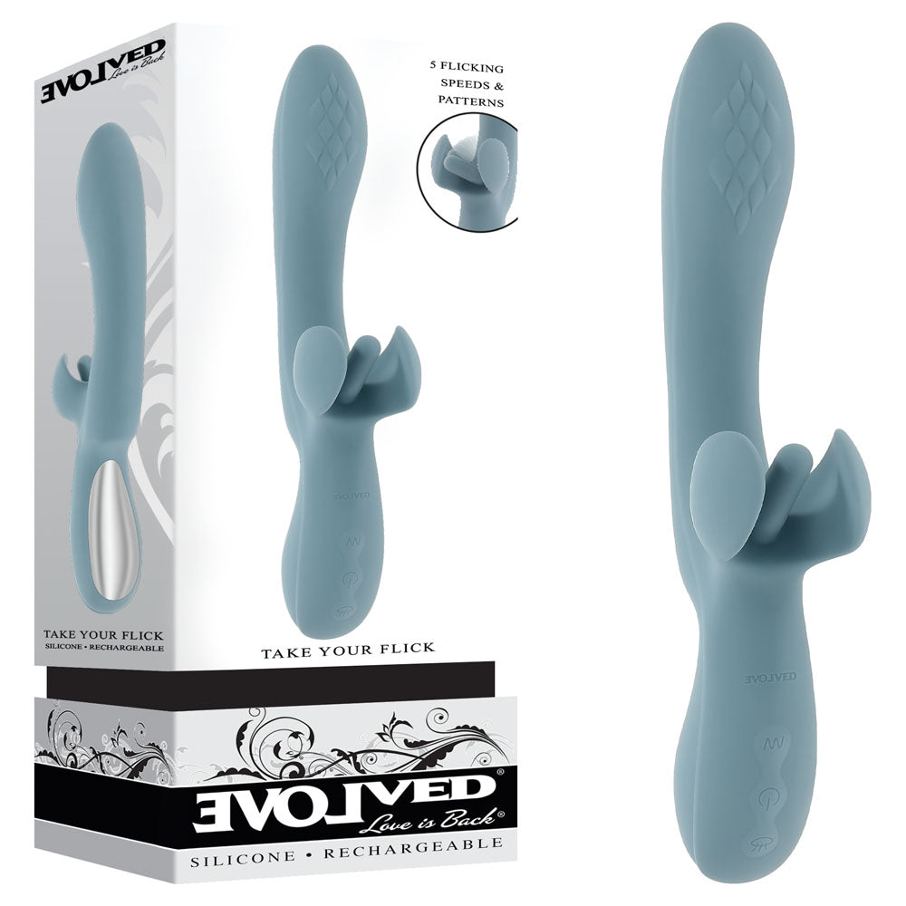 Evolved TAKE YOUR FLICK - Grey 24.1 cm USB Rechargeable Vibrator with Flicking Clitoral Stimulator