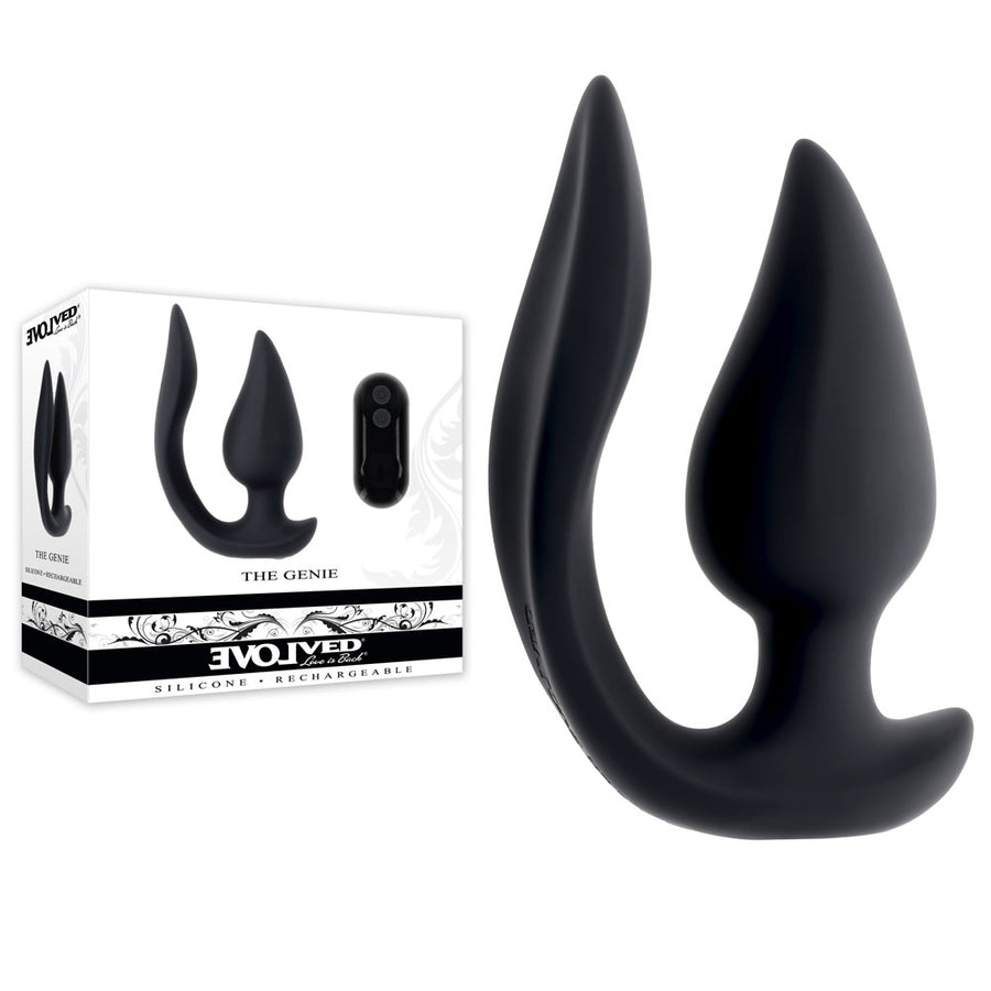 Evolved THE GENIE - Black 11.2 cm USB Rechargeable Vibrating Plug with Wireless Remote