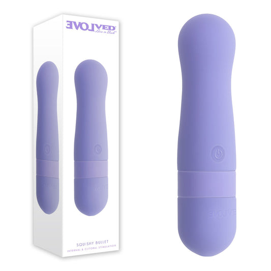 Evolved SQUISHY BULLET. Studio photo of the purple bullet on a white background.
