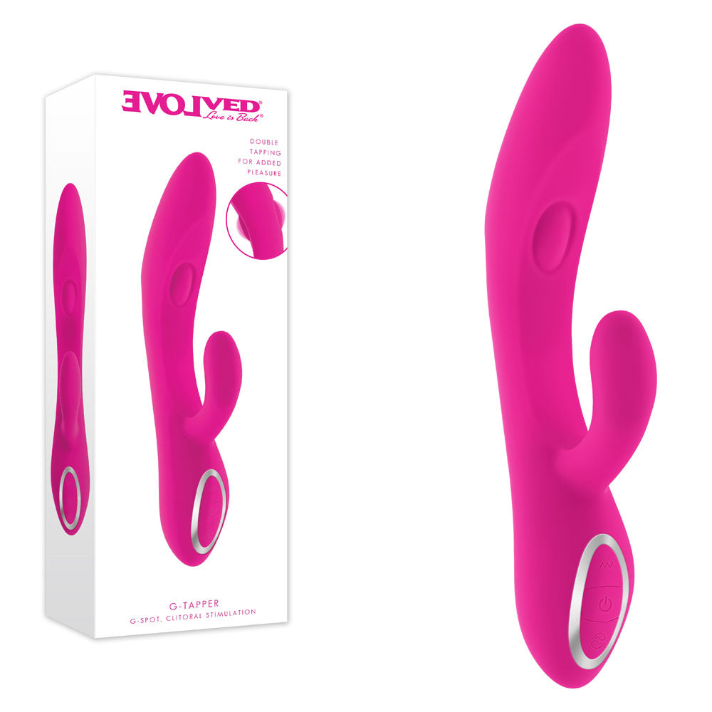 Evolved G-TAPPER Pink USB Rechargeable Rabbit Vibrator. Studio photo of the vibrator on a white background.