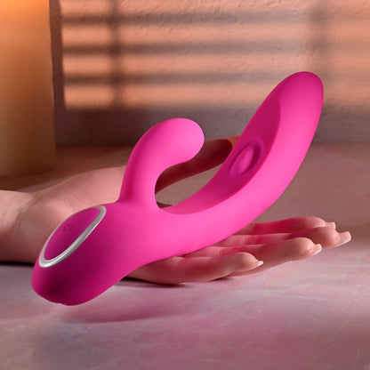 Evolved G-TAPPER Pink USB Rechargeable Rabbit Vibrator. Styled with other products, tighter crop.