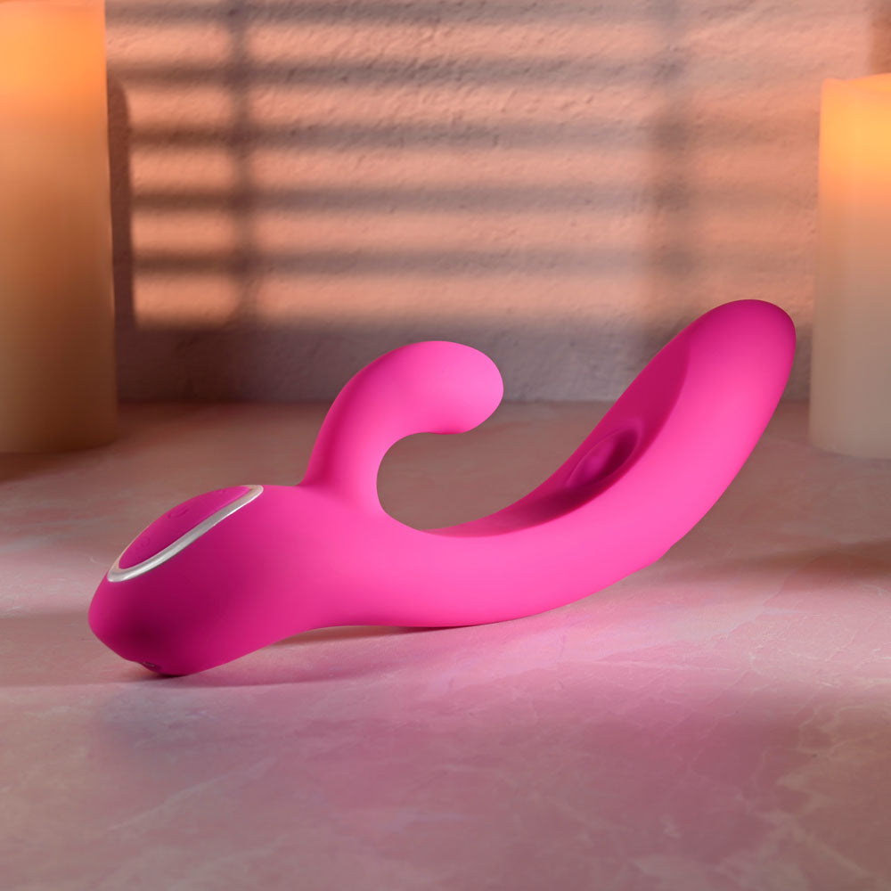 Evolved G-TAPPER Pink USB Rechargeable Rabbit Vibrator. Styled with other products, another angle.