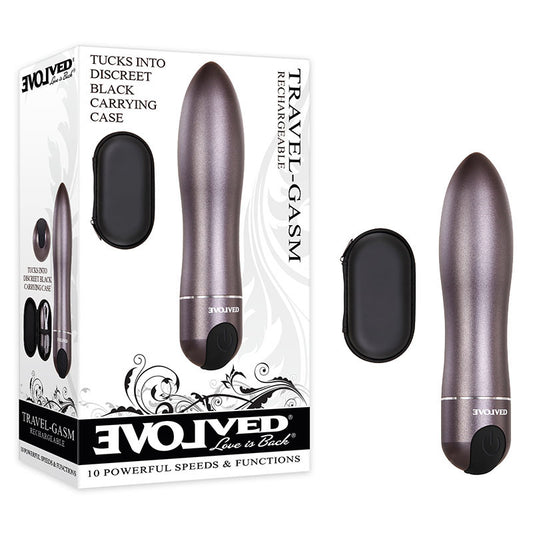 Evolved Travel-Gasm. Studio photo of the grey bullet on a white background, another angle.