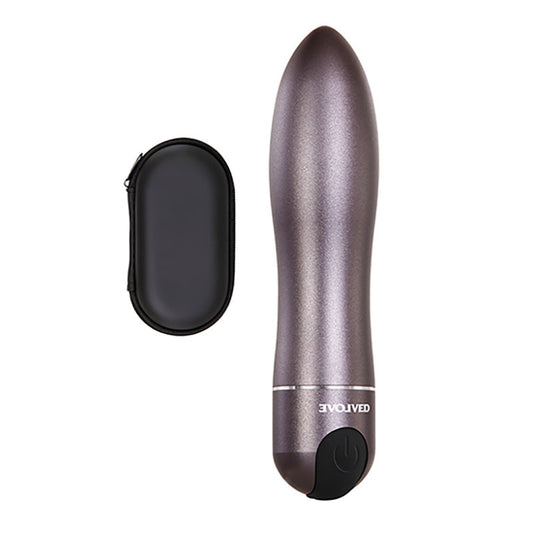 Evolved Travel-Gasm. Full view of the grey bullet on a white background, wider framing.