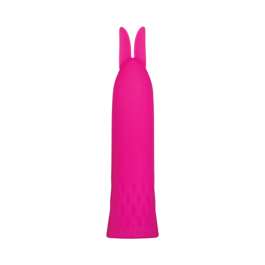 Evolved Bullet Buddy. Full view of the pink bullet on a white background, wider framing.