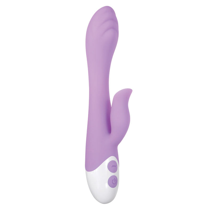 Evolved PLEASING PETAL. Full view of the pink vibrator on a white background, wider framing.