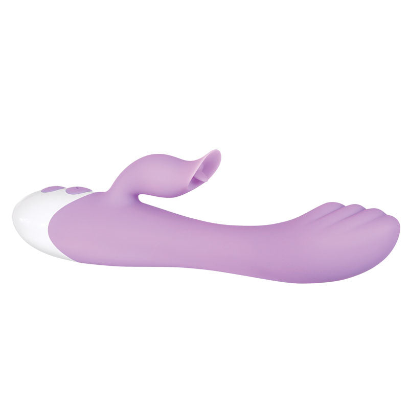Evolved PLEASING PETAL. Full view of the purple vibrator on a white background.