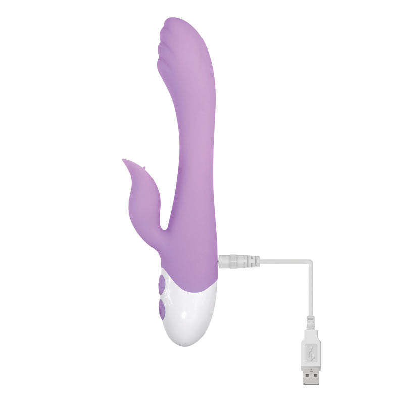 Evolved PLEASING PETAL. Full view of the pink vibrator on a white background, another angle.