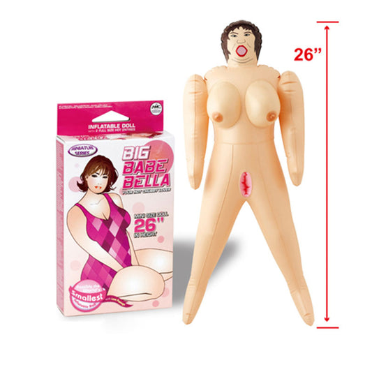 Big Babe Bella Mini Inflatable Love Doll. Studio photo of the pink doll on a white background.