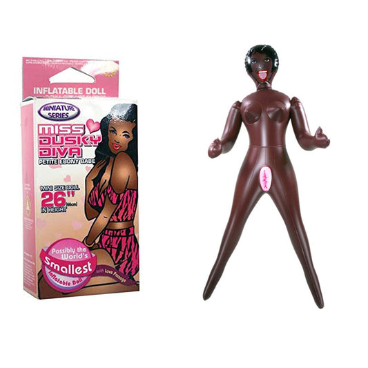 Miss Dusky Diva Mini Inflatable Love Doll. Studio photo of the doll on a white background.
