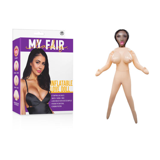 My Fair Lady Inflatable Love Doll. The purple doll held in a hand against a white background.
