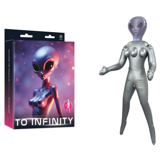 To Infinity Silver Inflatable Alien Love Doll. Studio photo of the doll on a white background.