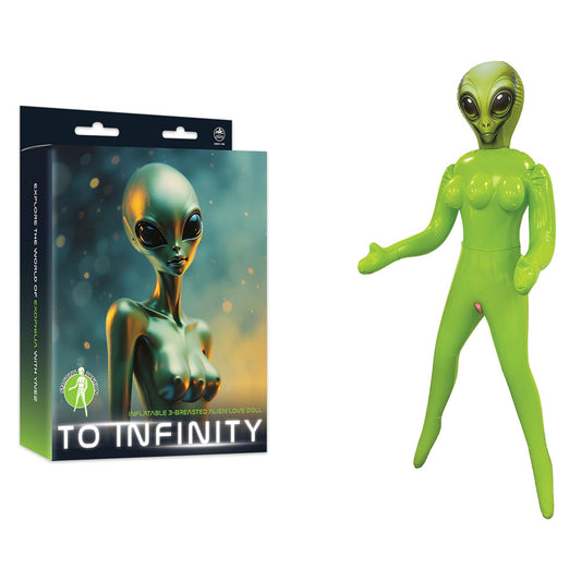 To Infinity Green Inflatable Alien Love Doll. Studio photo of the doll on a white background.