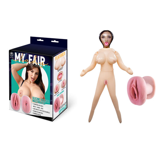 My Fair Lady Inflatable Standing Love Doll with Realistic Holes. The doll held in a hand against a white background.