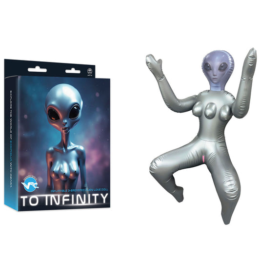 To Infinity Silver Inflatable Squatting Alien Love Doll. Studio photo of the doll on a white background.