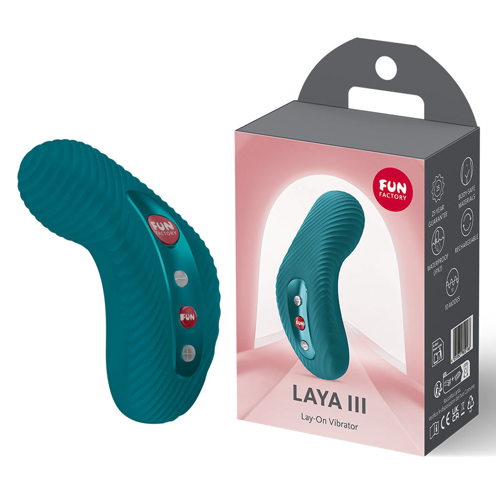 Teal lay-on vibrator with 'Fun Factory' branding and packaging on a white background