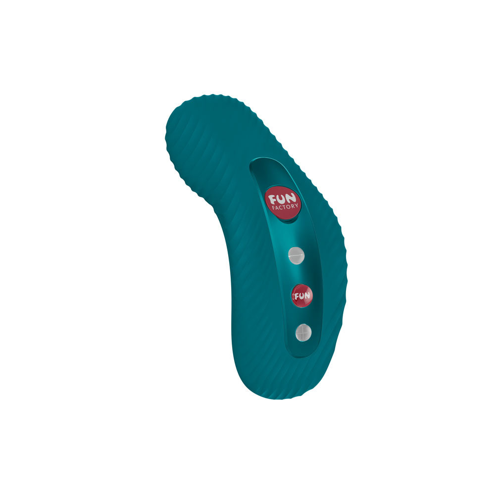Teal handheld gaming device with 'Fun Factory' branding on a white background
