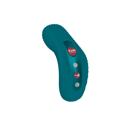 Teal handheld gaming device with 'Fun Factory' branding on a white background