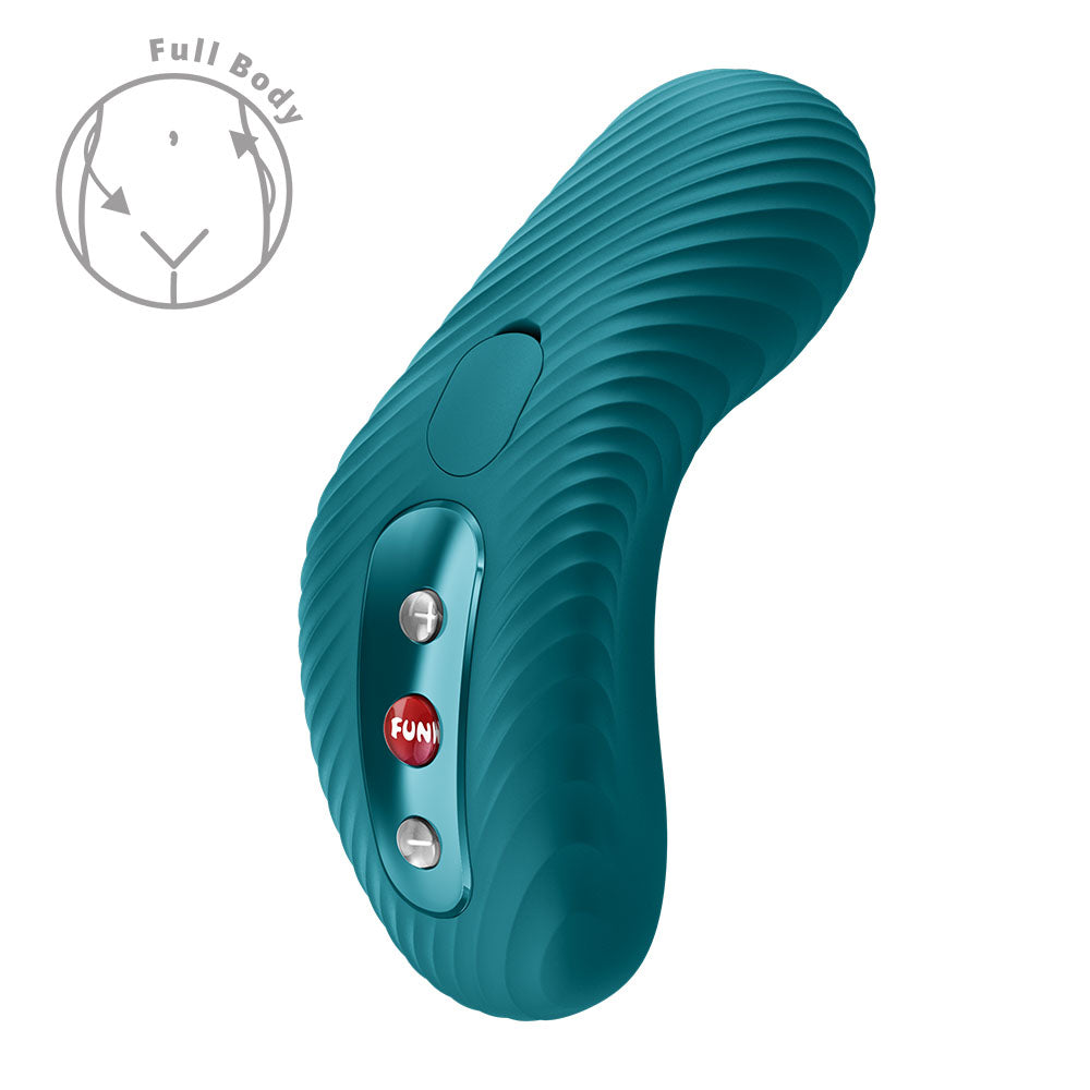 Teal silicone wand with 'Fun' button on a white background