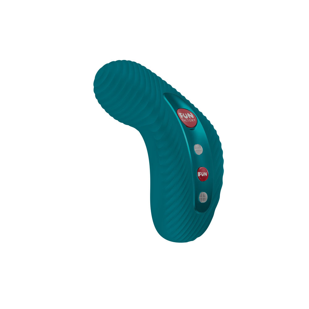 Teal device with red 'FUN' buttons on a white background