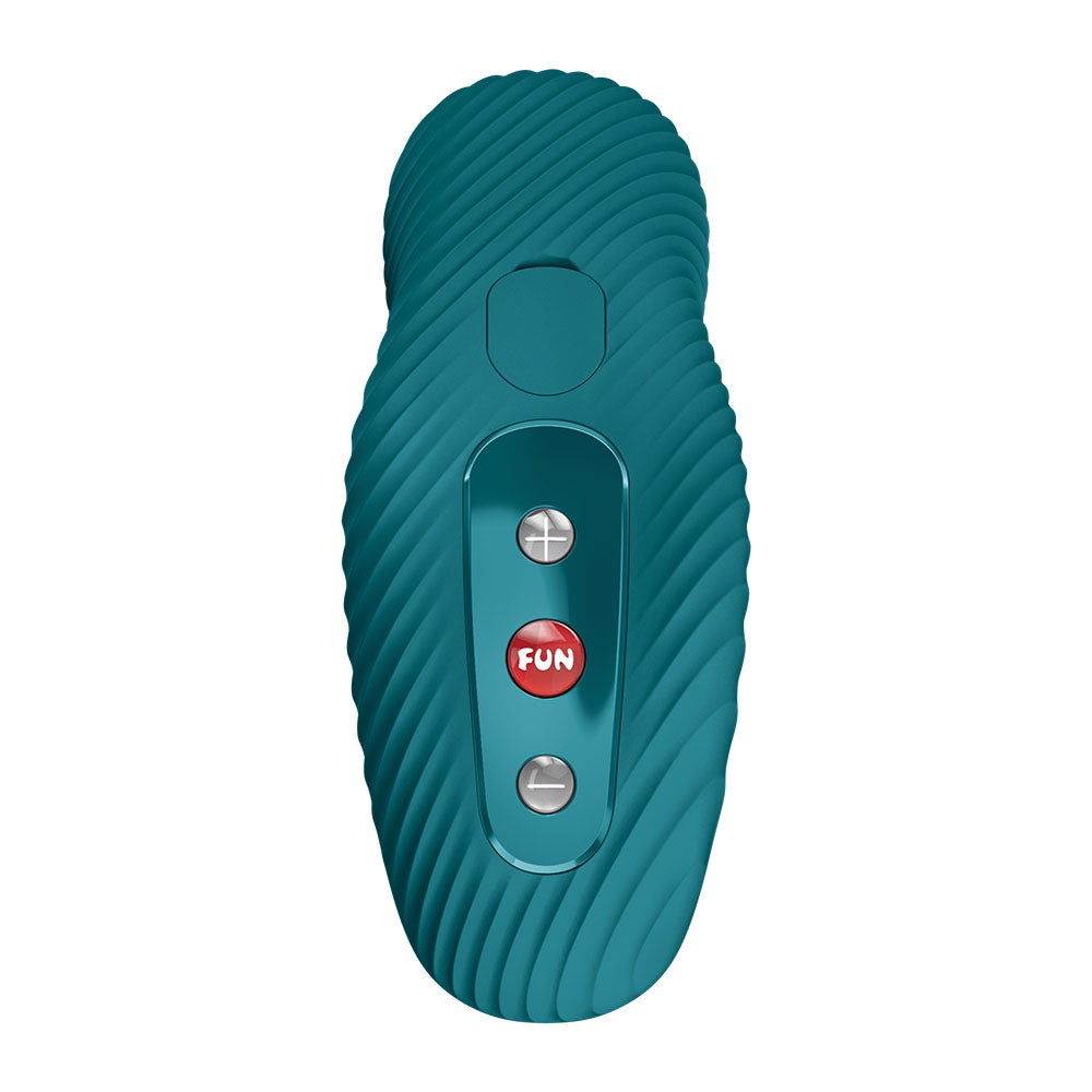 Teal handheld electronic device with a 'FUN' button on a white background