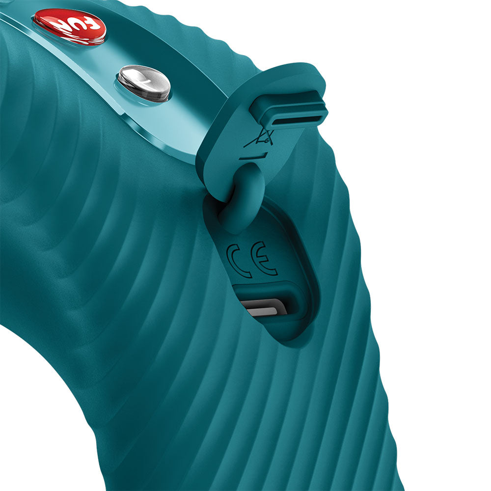 Close-up of a teal inflatable boat with a red brand logo on a white background