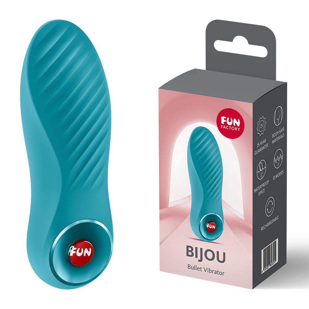 Fun Factory BIJOU Aquamarine USB-C Rechargeable Stimulator. Studio photo of the blue product on a white background, another angle.