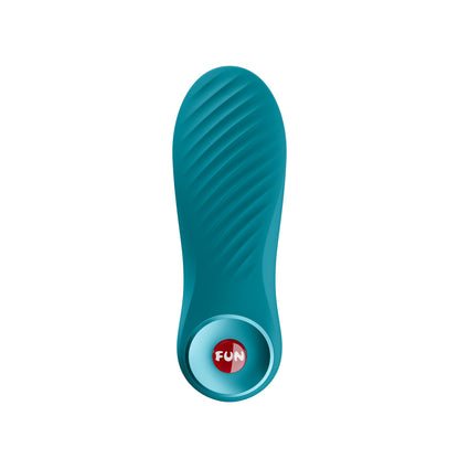 Fun Factory BIJOU Aquamarine USB-C Rechargeable Stimulator. Full view of the blue product on a white background, wider framing.