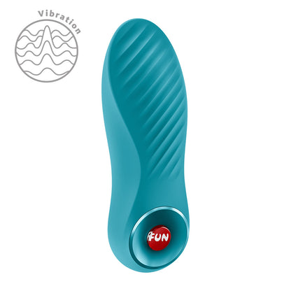 Fun Factory BIJOU Aquamarine USB-C Rechargeable Stimulator. Full view of the blue product on a white background, another angle.