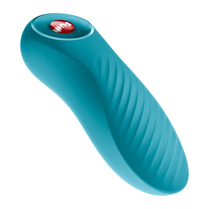 Fun Factory BIJOU Aquamarine USB-C Rechargeable Stimulator. Studio photo of the blue product on a white background, a third view.