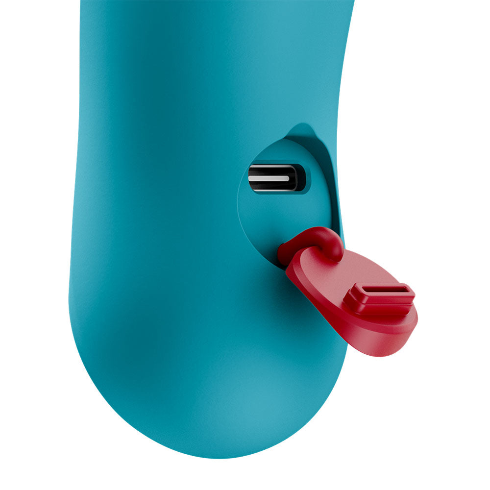 Fun Factory BIJOU Aquamarine USB-C Rechargeable Stimulator. Studio photo of the blue product on a white background, a fourth view.