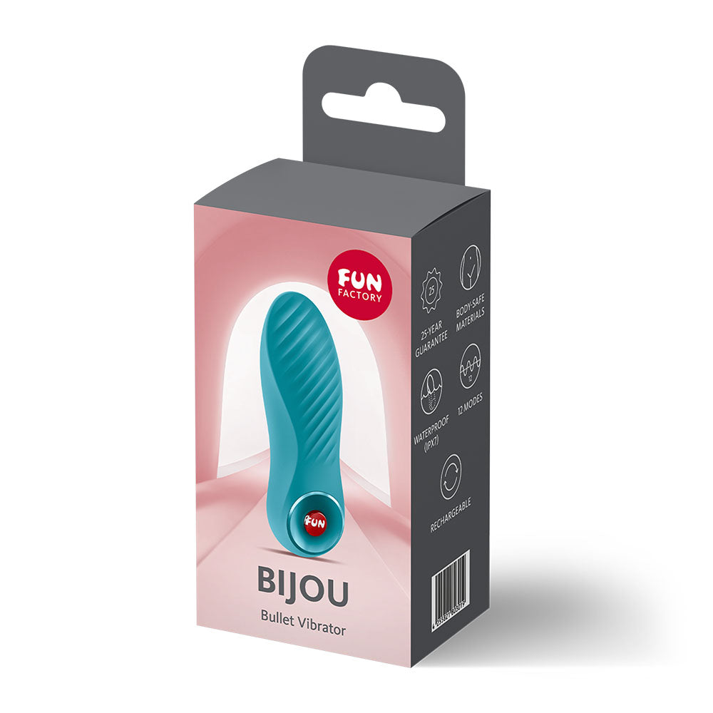 Fun Factory BIJOU Aquamarine USB-C Rechargeable Stimulator. Studio photo of the product on a white background.