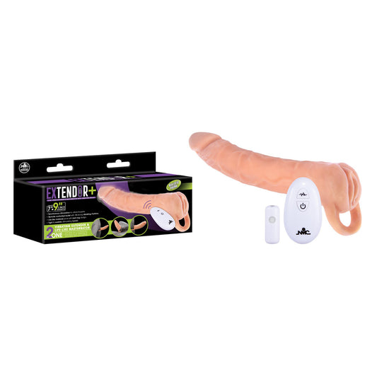 Extendor+ Flesh 2 Inch Vibrating Penis Extender and Stroker. Full view of the stroker on a white background.