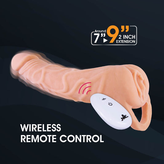 Extendor+ Flesh 2 Inch Vibrating Penis Extender and Stroker. Styled with other products, tighter crop.