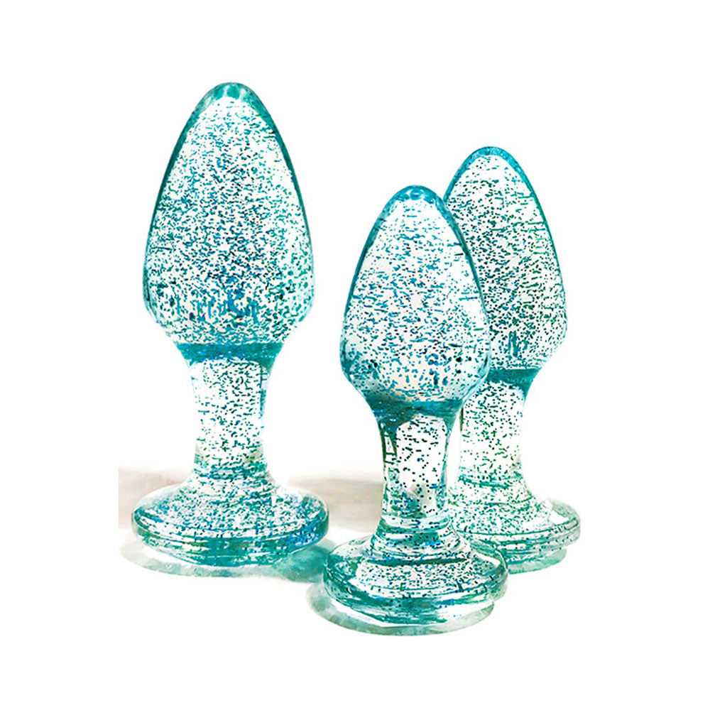 Adam & Eve Glitter Gem 3-Piece Butt Plug Set - Blue - Glitter Blue