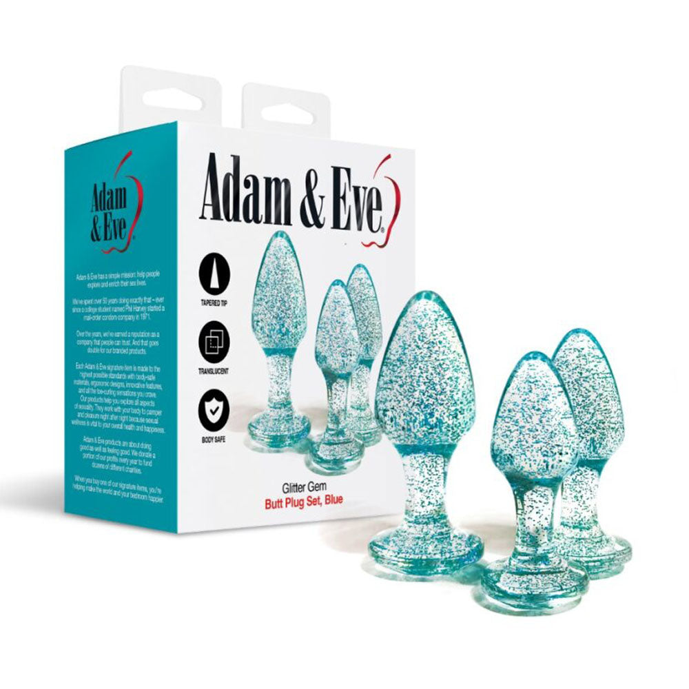 Adam & Eve Glitter Gem 3-Piece Butt Plug Set - Blue - Glitter Blue