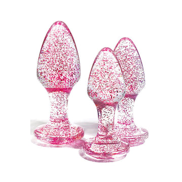 Adam & Eve Glitter Gem 3-Piece Butt Plug Set - Pink - Glitter Pink Butt Plugs - Set of 3 Sizes