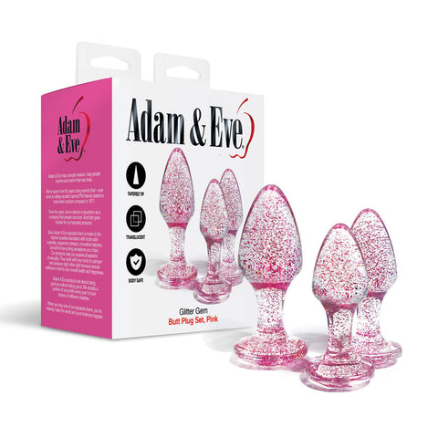 Adam & Eve Glitter Gem 3-Piece Butt Plug Set - Pink - Glitter Pink Butt Plugs - Set of 3 Sizes - Image 1