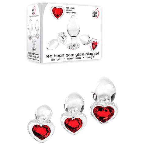 Adam & Eve RED HEART GEM GLASS PLUG SET - Clear Glass Butt Plugs - Set of 3 Sizes - Image 1