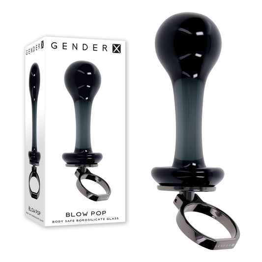 Gender X BLOW POP Black 12.8 cm Glass Plug with Ring Pull. Studio photo of the plug on a white background.