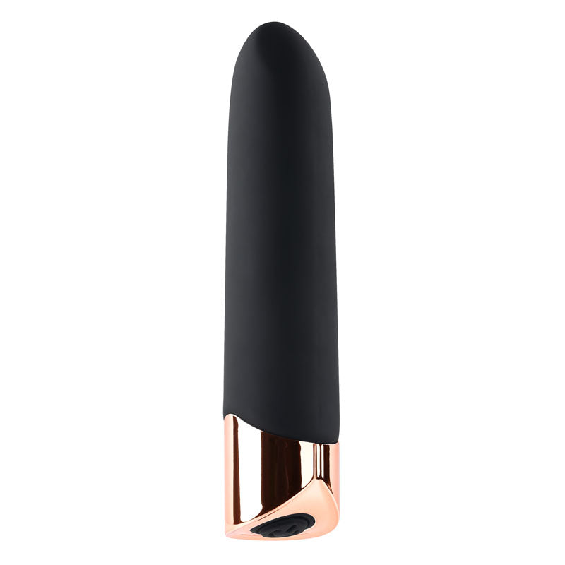 Black and rose gold cylindrical object on a white background