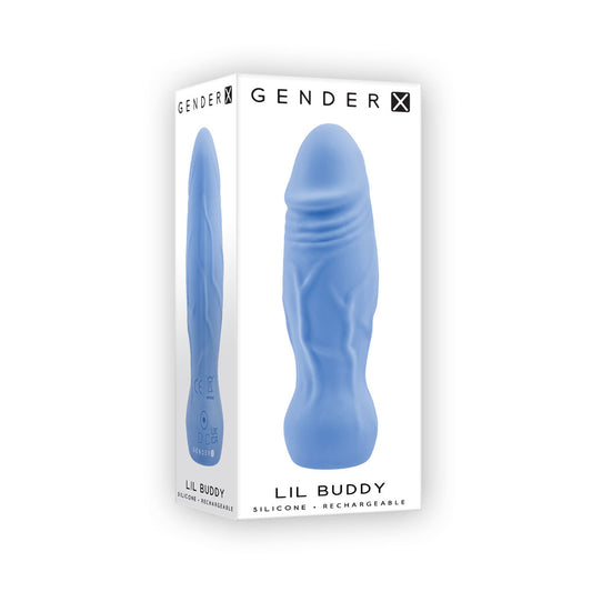 Gender X LIL BUDDY. Full view of the blue vibrator on a white background.