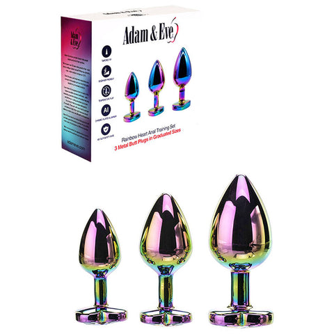 Adam & Eve RAINBOW HEART GEM ANAL TRAINING SET - Multicoloured Metal Anal Plugs with Gem Bases - Set of 3 Sizes - Image 1