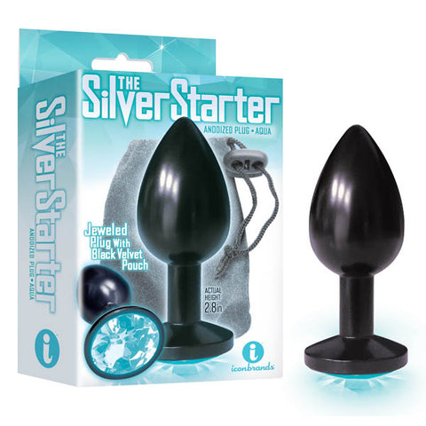 The Silver Starter - Anodised Black 7.1 cm (2.8'') Butt Plug with Aqua Round Jewel - Image 1