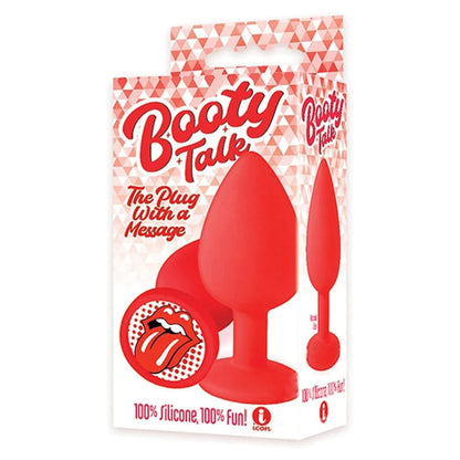 The 9's Booty Talk. The red butt plug held in a hand against a white background.