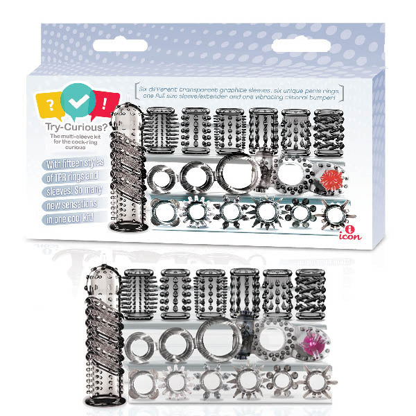 Try-Curious Cock Ring & Sleeve Set - Clear - 15 Piece Set - Image 1